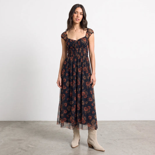 Apricot Lane Duluth Rosalie floral organza midi dress with sweetheart neckline, shirred waist, and sheer short sleeves.