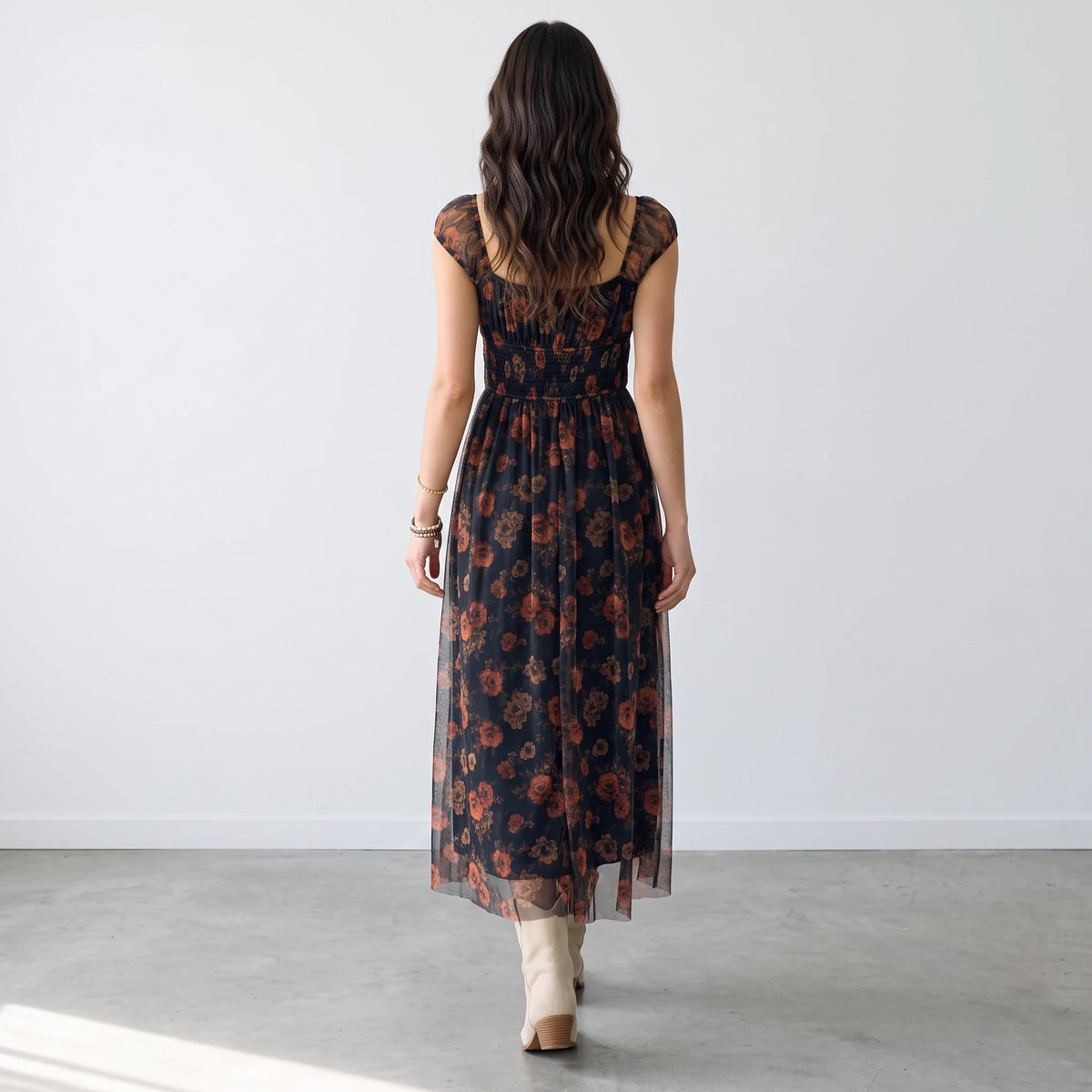 Apricot Lane Duluth Rosalie floral organza midi dress with sheer short sleeves and shirred waist, back view