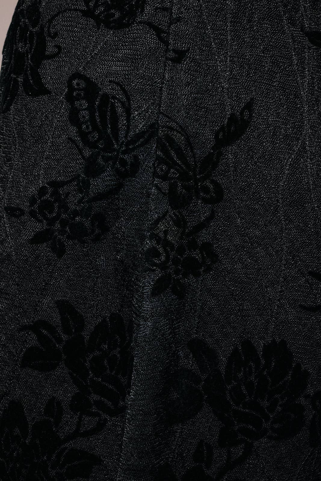 Apricot Lane Duluth black midi dress featuring intricate tonal floral velvet burnout fabric with sheer details