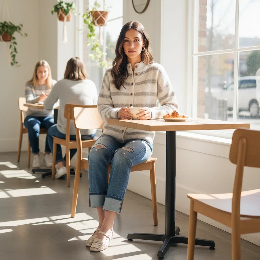 Woman wearing an Apricot Lane Duluth fuzzy striped cardigan with a mock neck, seated at a cafe table with coffee.