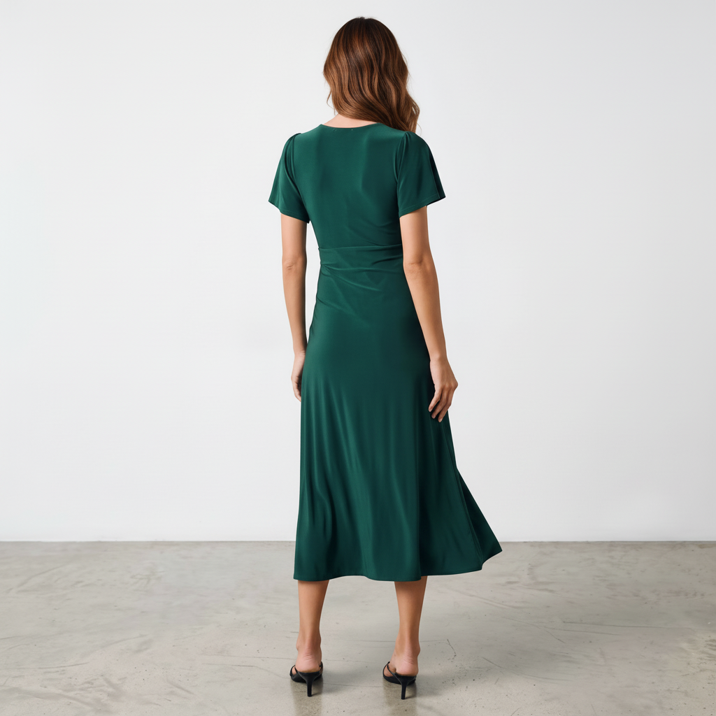 Back view of a woman wearing an Apricot Lane Duluth emerald green midi dress with flutter sleeves and pleated detail.