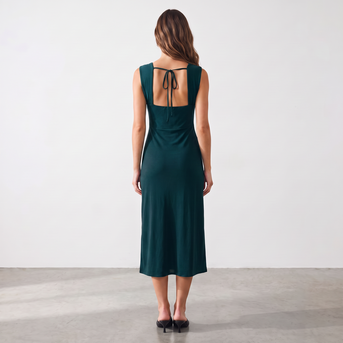 Apricot Lane Duluth Juliette midi dress in dark green featuring an open back with delicate self-tie detail