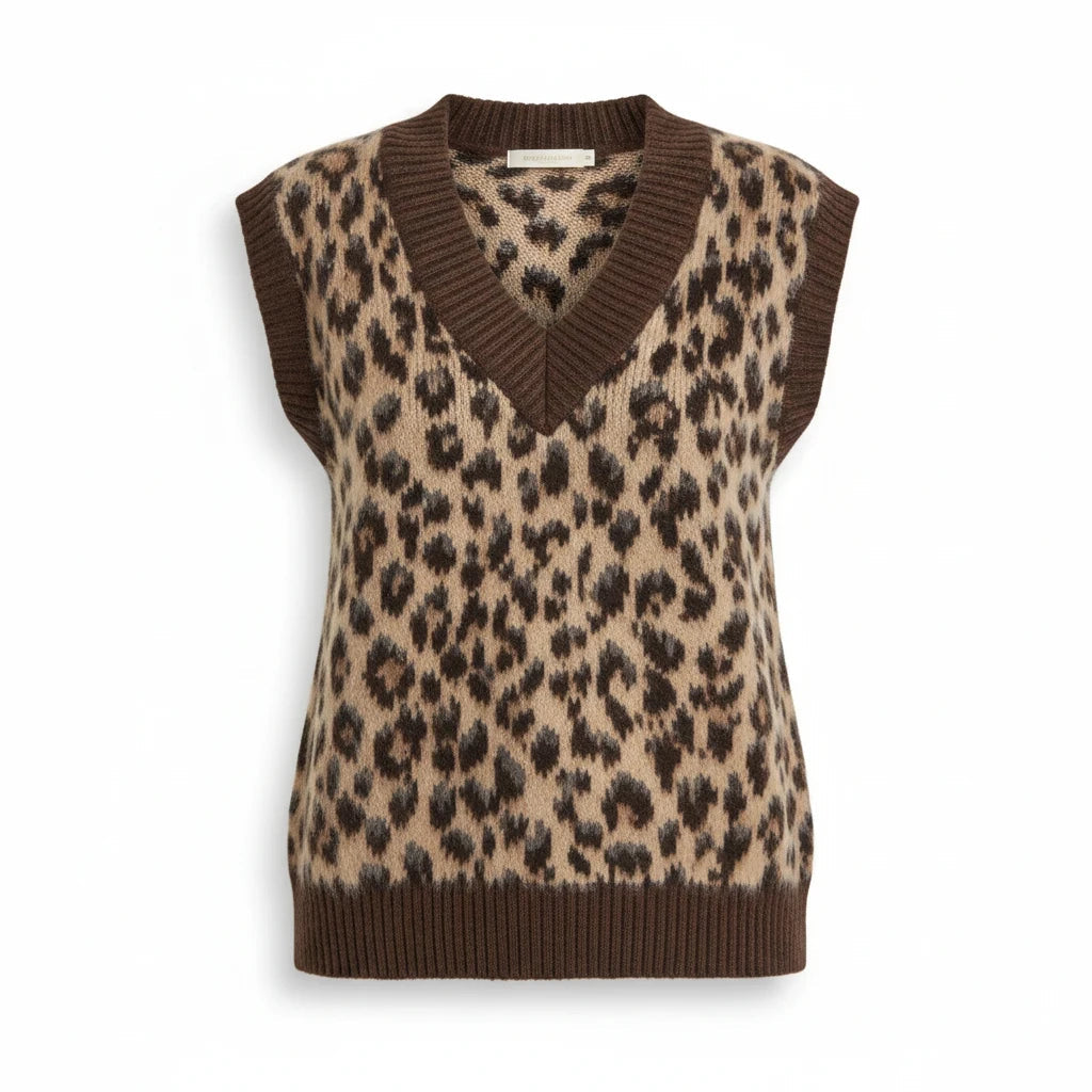 Apricot Lane Duluth fuzzy leopard print sweater vest with a V-neck and ribbed trim for cozy fall layering.