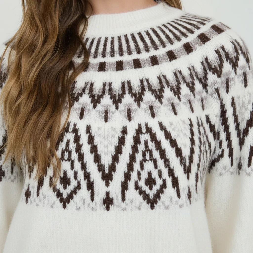 Apricot Lane Duluth Margot Fair Isle sweater in cream with a brown and grey geometric jacquard yoke pattern.