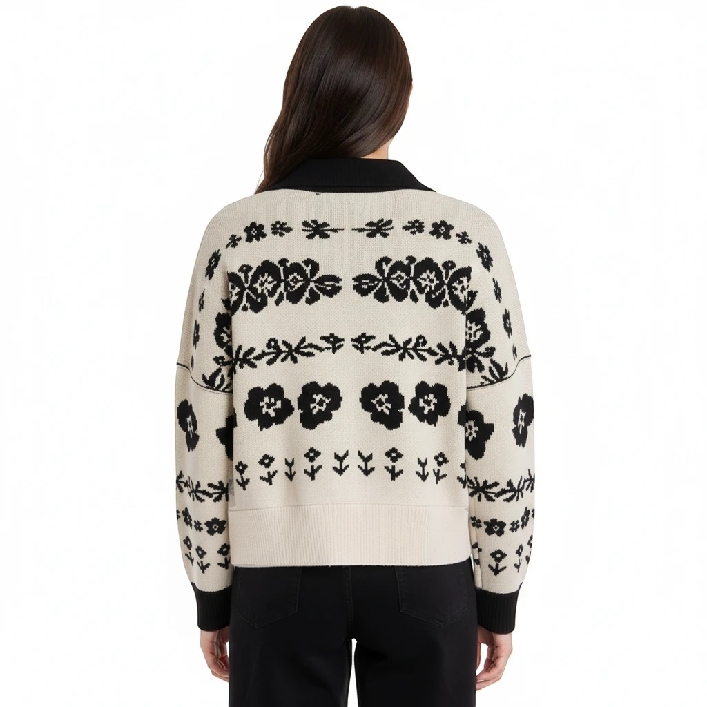 Apricot Lane Duluth Marlowe cardigan featuring a cream and black floral jacquard pattern, shown from the back.