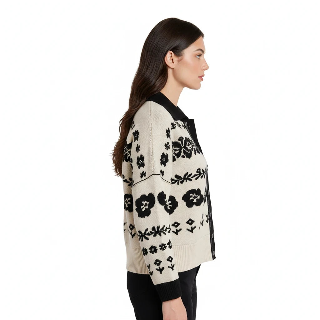 Apricot Lane Duluth Marlowe cardigan in cream with black floral jacquard pattern, long sleeves, and button front.