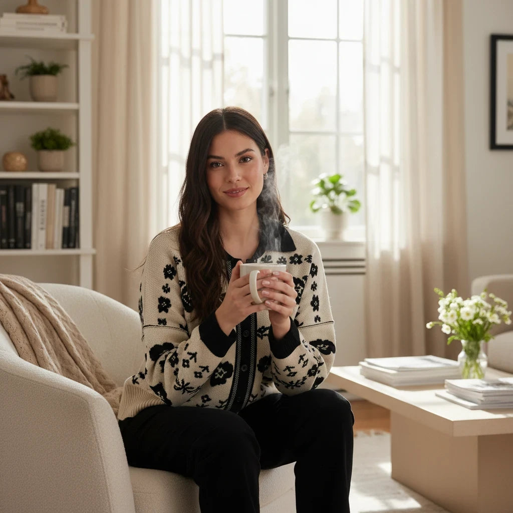 Apricot Lane Duluth Marlowe cardigan with black floral jacquard pattern on cream knit worn by a woman holding a mug
