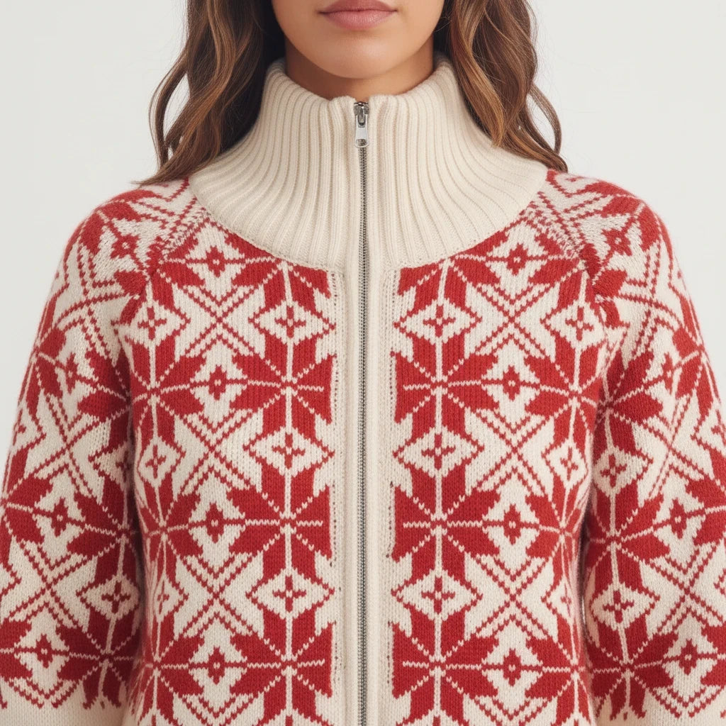 Apricot Lane Duluth zip-front cardigan in cream and red with a classic Nordic snowflake Fair Isle knit pattern.