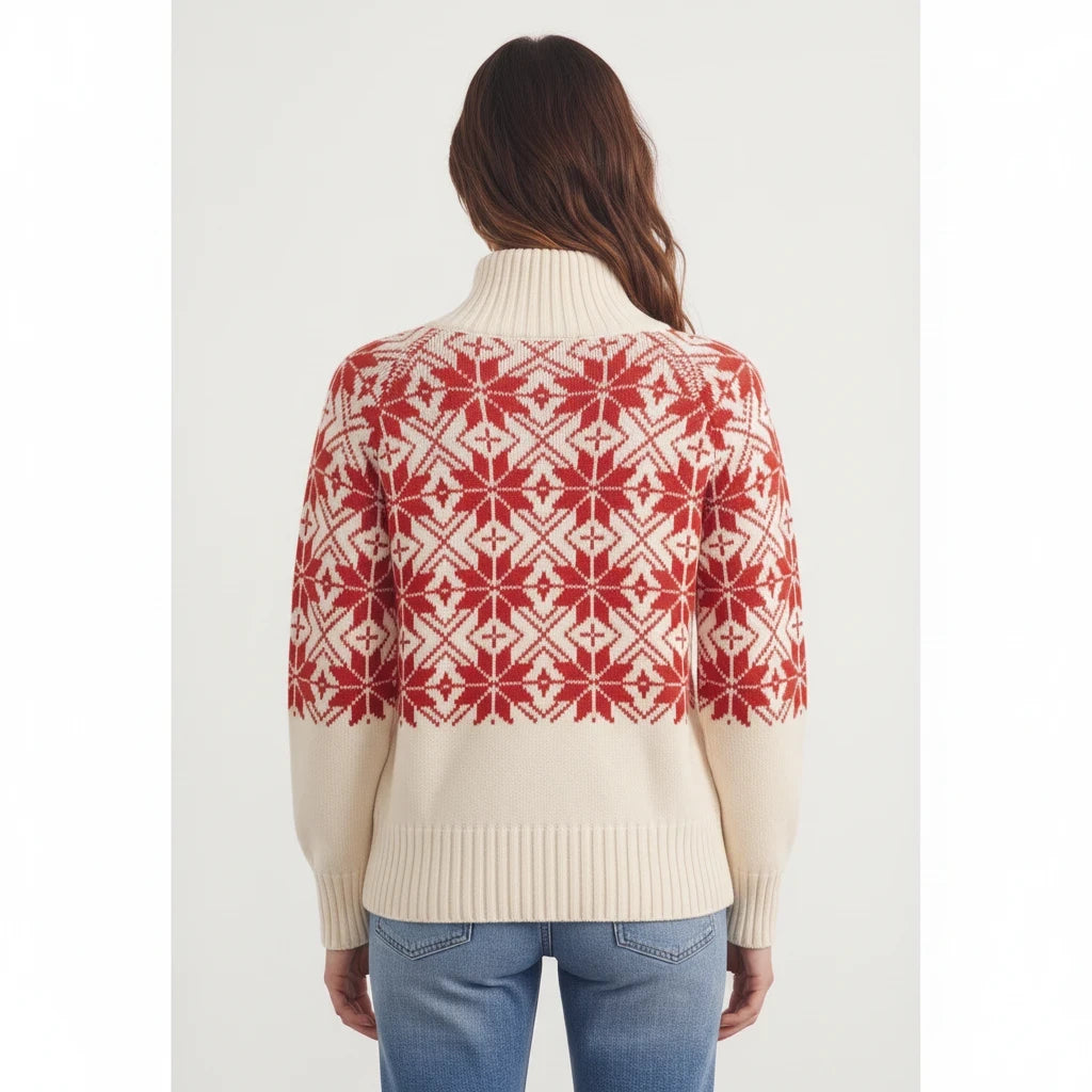 Back view of Apricot Lane Duluth zip cardigan with red and cream Nordic snowflake Fair Isle pattern and ribbed collar