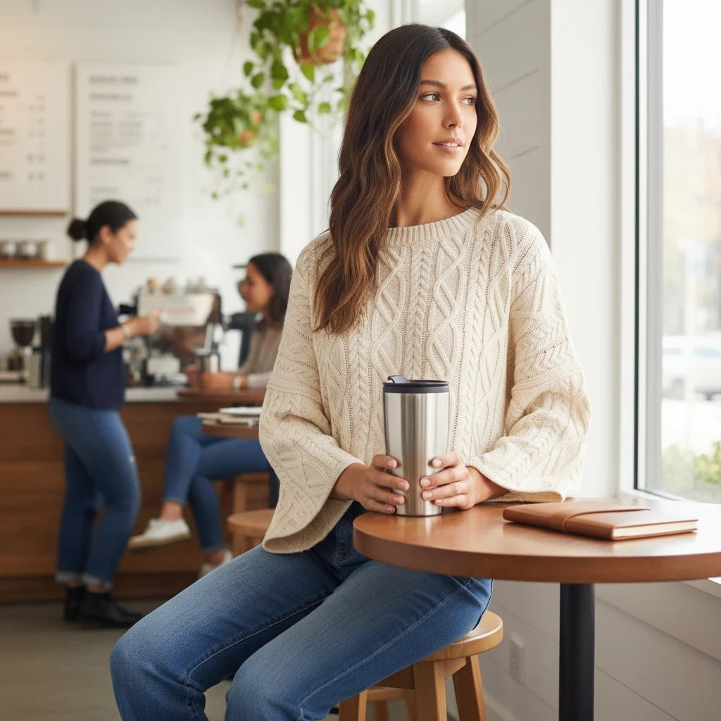 Apricot Lane Duluth oversized cream cable knit sweater worn by a woman holding a travel mug in a cozy cafe setting.