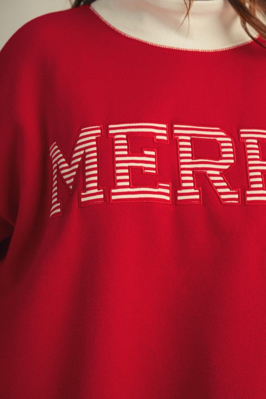 Apricot Lane Duluth red oversized Christmas top with mock neck and white striped lettering