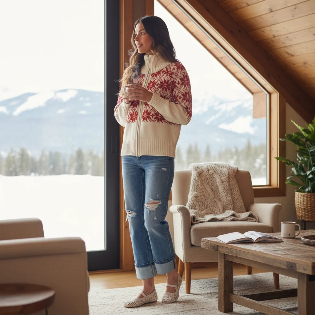 Woman wearing an Apricot Lane Duluth cream and red snowflake Fair Isle zip cardigan with distressed blue jeans.