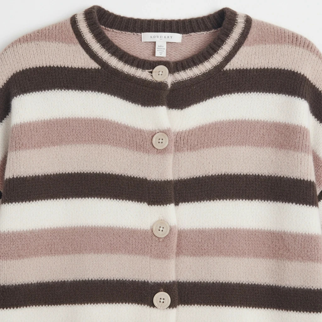 Apricot Lane Duluth Sophie soft knit cardigan featuring horizontal stripes in brown, cream, and mauve with buttons.