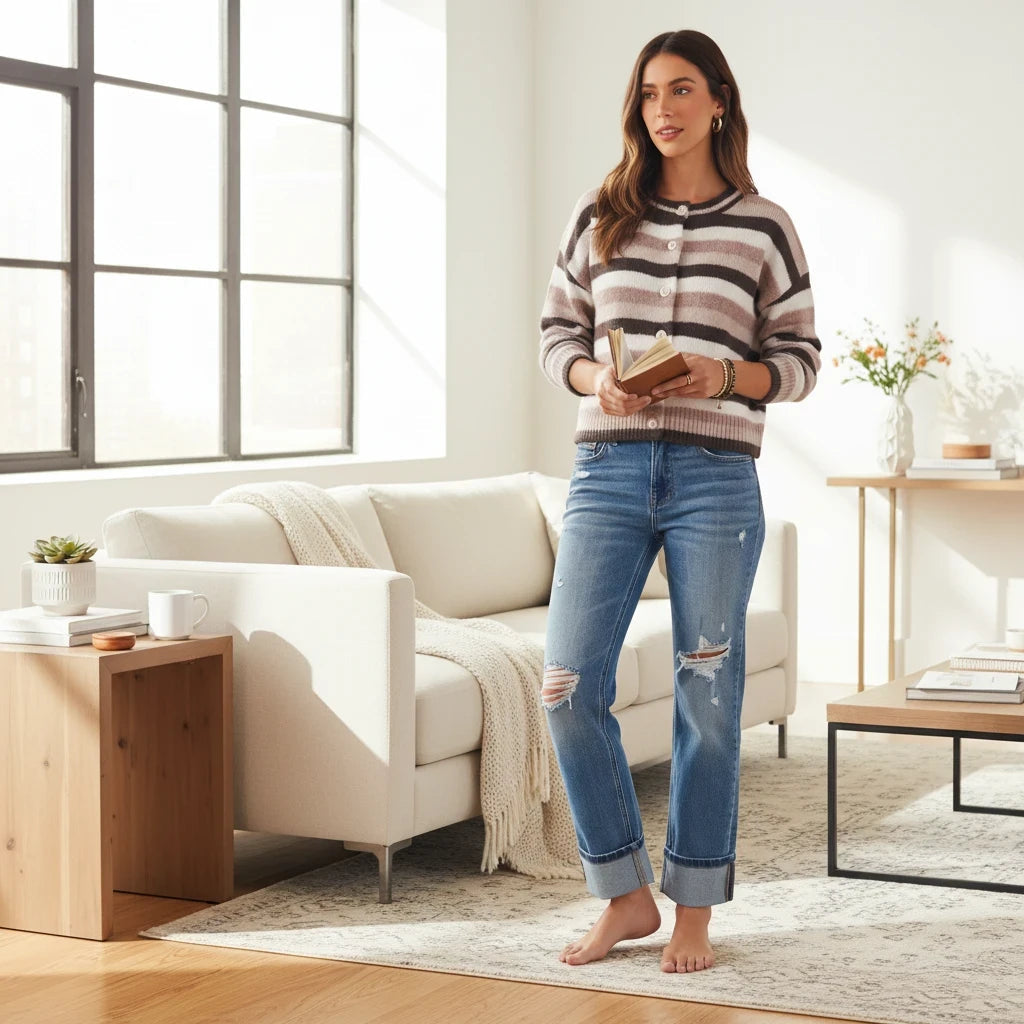 Apricot Lane Duluth Sophie soft striped button-front cardigan worn by a woman with distressed jeans in a living room