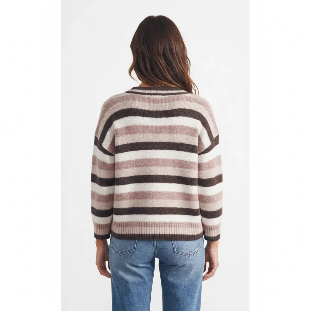 Back view of a woman wearing an Apricot Lane Duluth soft striped button-front cardigan with long sleeves.