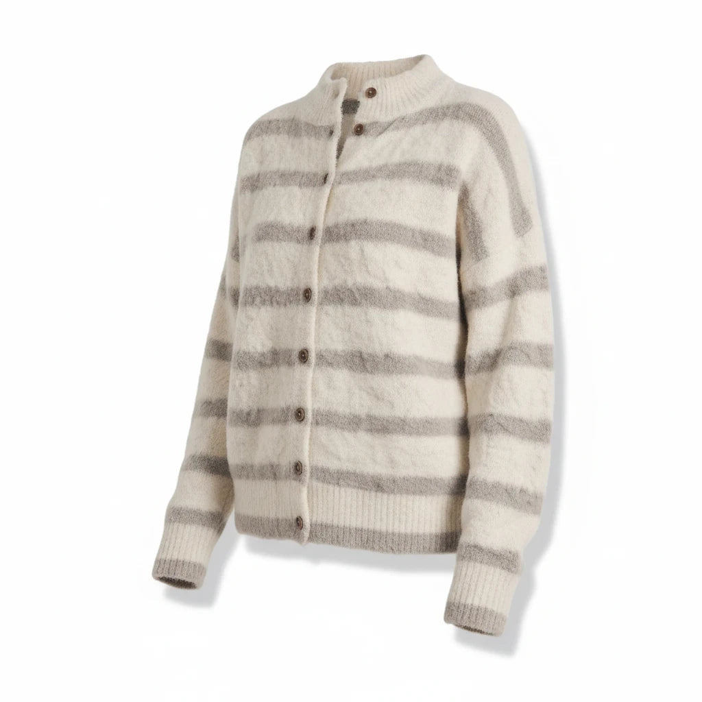 Apricot Lane Duluth Lila stripe fuzzy knit cardigan with mock neck, button-down front, and drop-shoulder silhouette.