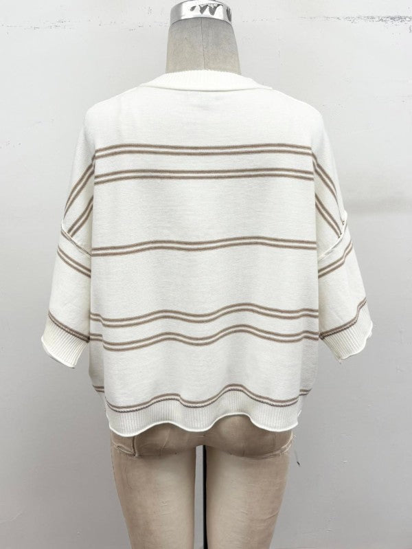 Apricot Lane Duluth white short sleeve knit sweater with brown horizontal stripes, back view on a mannequin