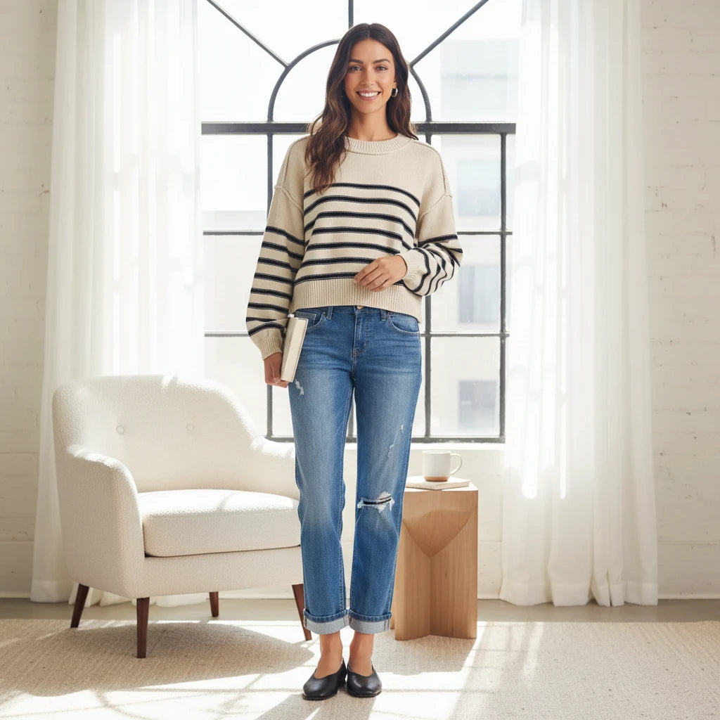 Woman wearing Apricot Lane Duluth Fireside Lane Stripe Sweater with blue jeans in a bright, cozy living room.