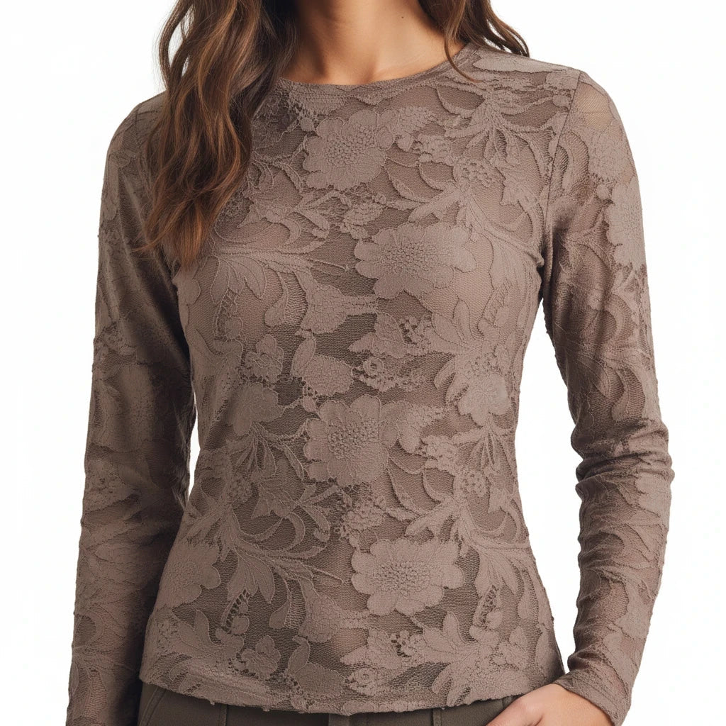 Apricot Lane Duluth Roselyn long sleeve top in taupe floral lace with a crew neckline and slim fit silhouette.