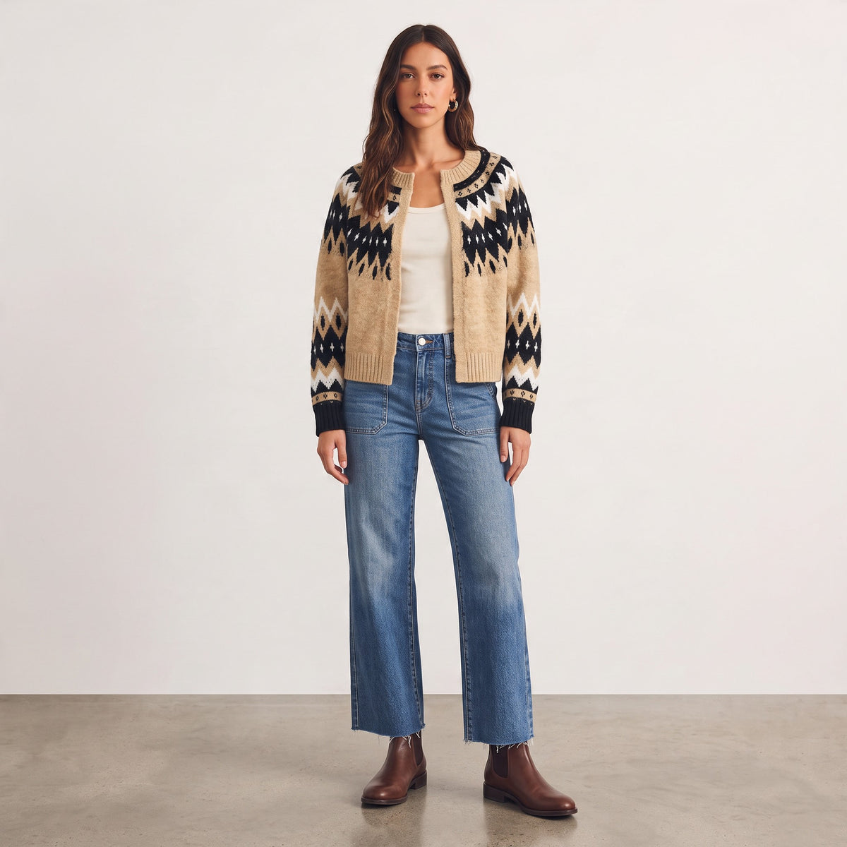 Apricot Lane Duluth Timberline Fair Isle cardigan in taupe, black, and ivory with a textured knit and open-front design.