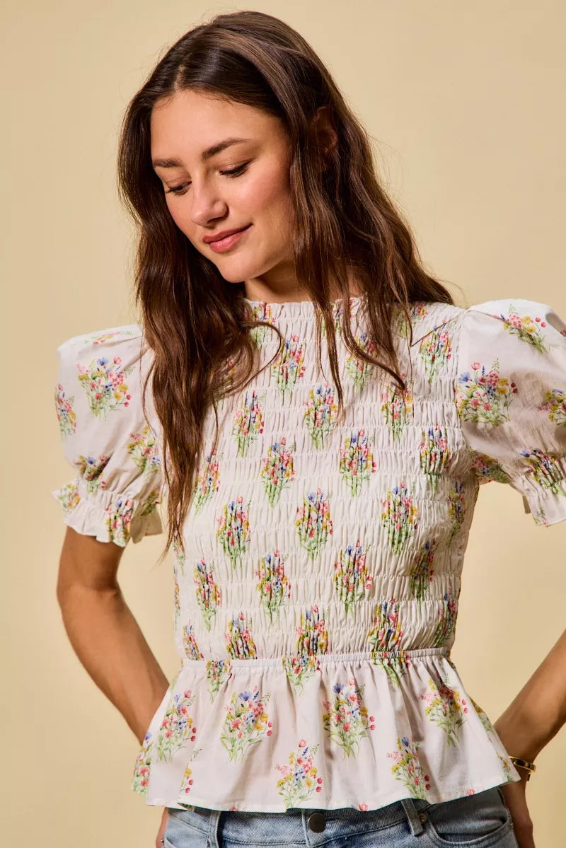 SO ME Floral Cotton Smocked Short Sleeves Blouse