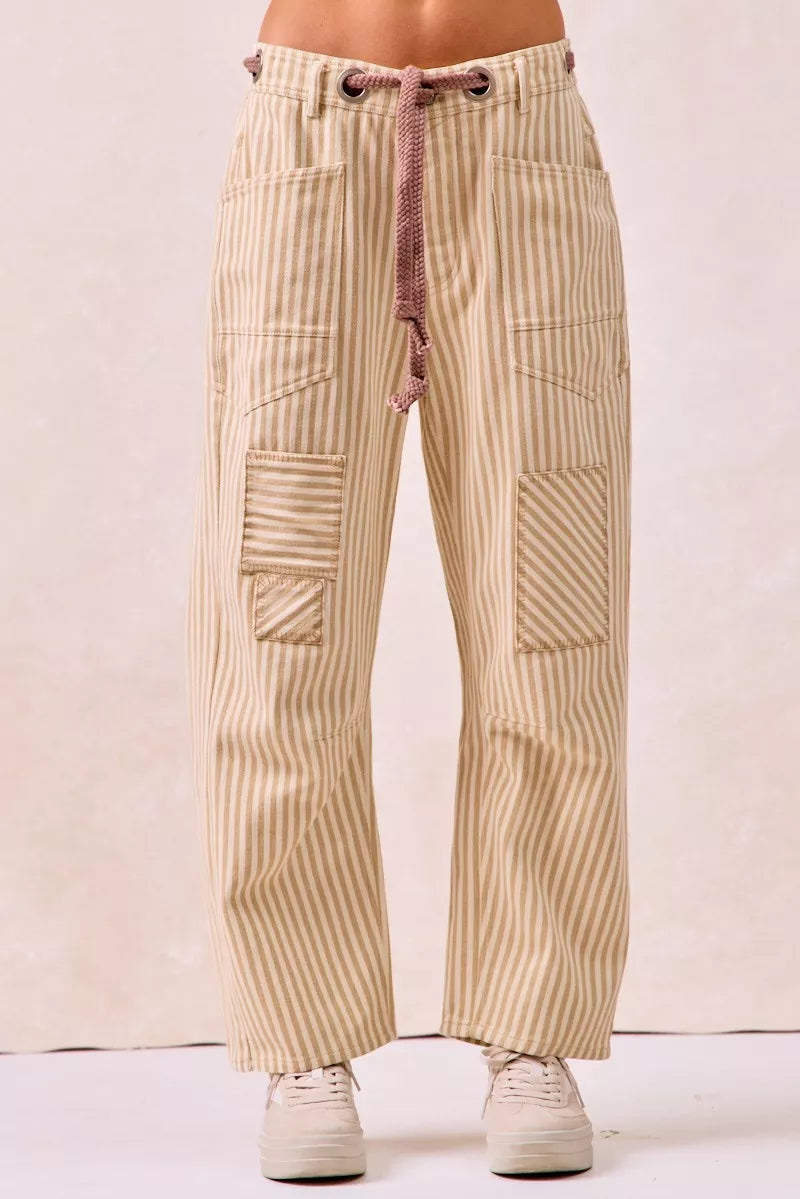BiBi Drawstring Striped Twill Barrel Pants OATMEAL