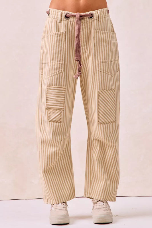 BiBi Drawstring Striped Twill Barrel Pants OATMEAL