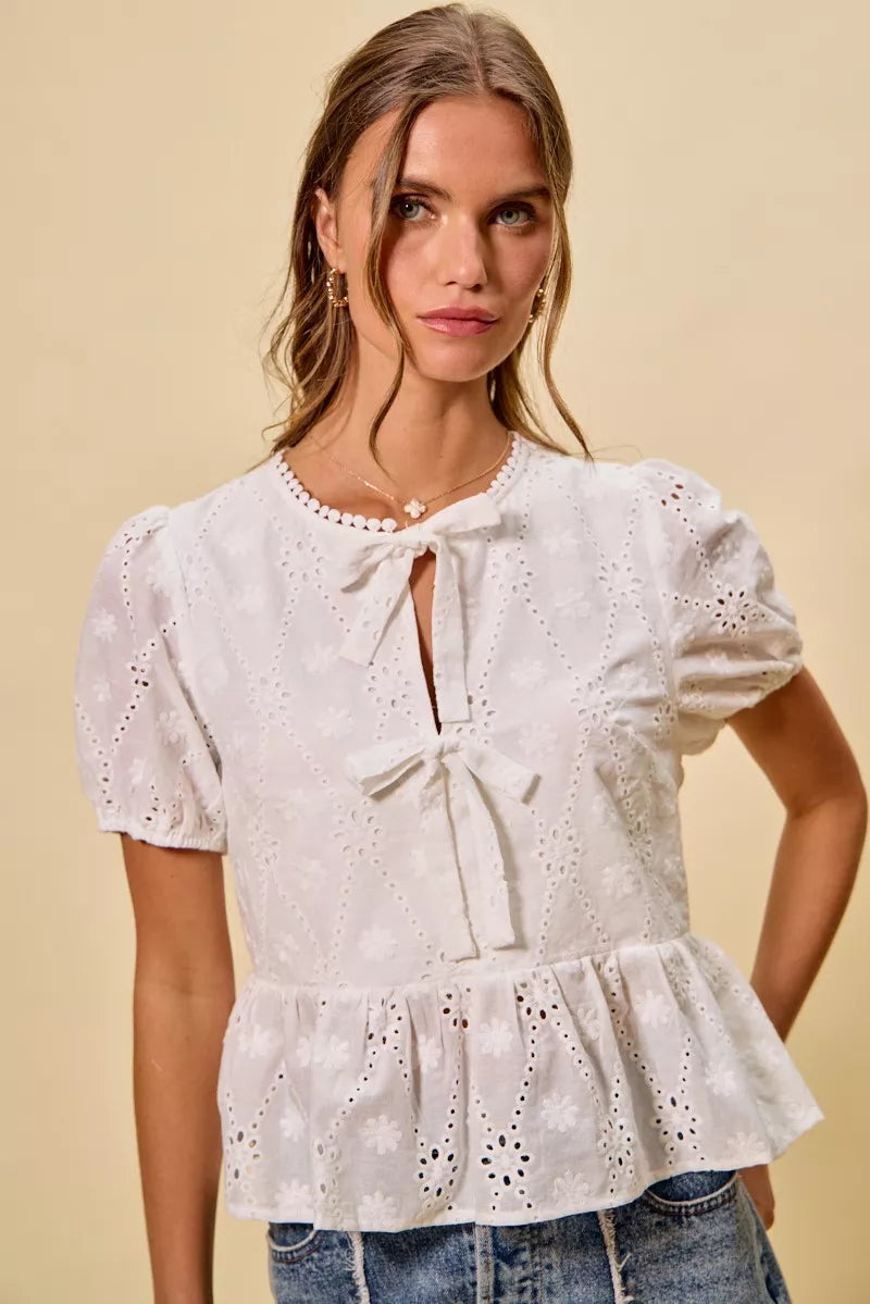 SO ME Cotton Eyelet Front Tie Short Sleeves Blouse