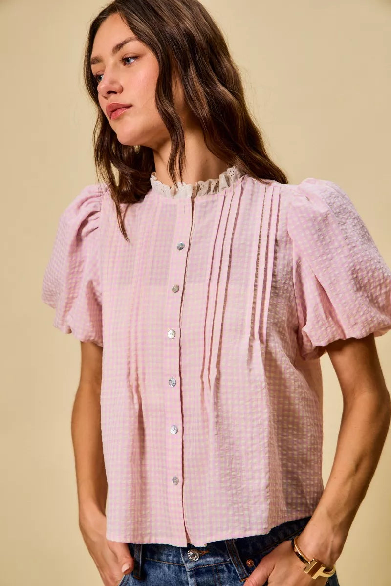SO ME Gingham Lace Trim Button Bubble Sleeves Blouse
