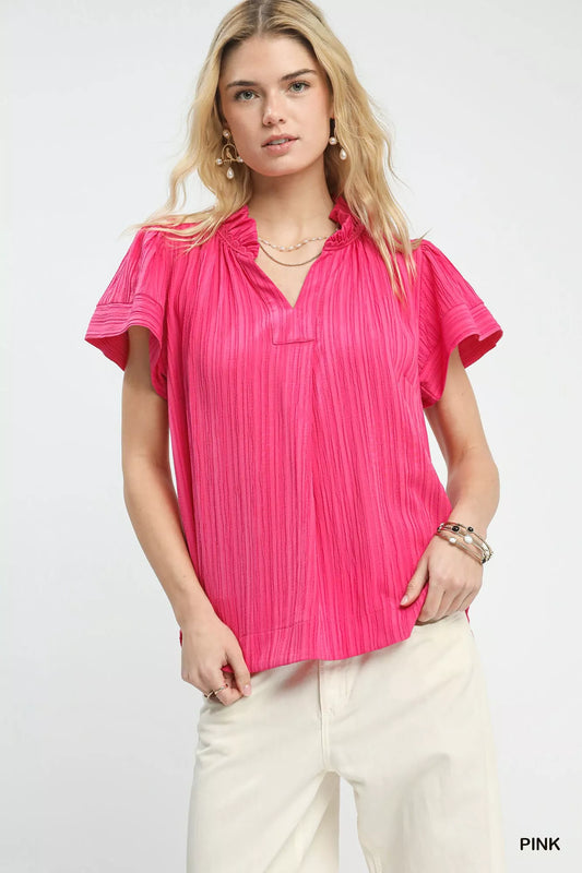 Umgee Texture Flutter Sleeve Notched Blouse PINK