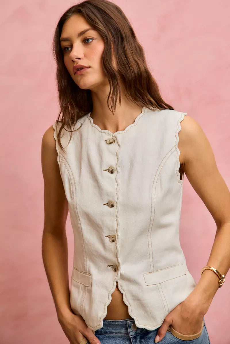 SO ME Scalloped Edge Cotton Twill Washed Vest Top