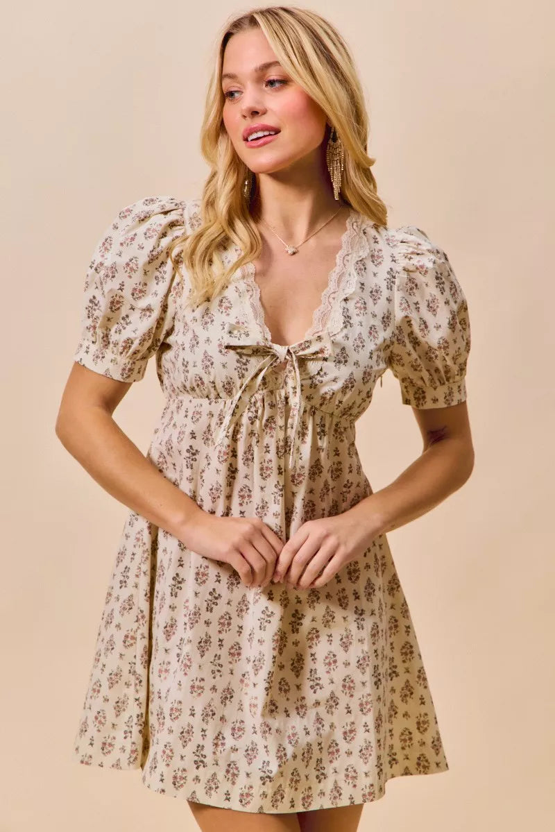 SO ME Floral Print Lace Trim Short Sleeves Mini Dress