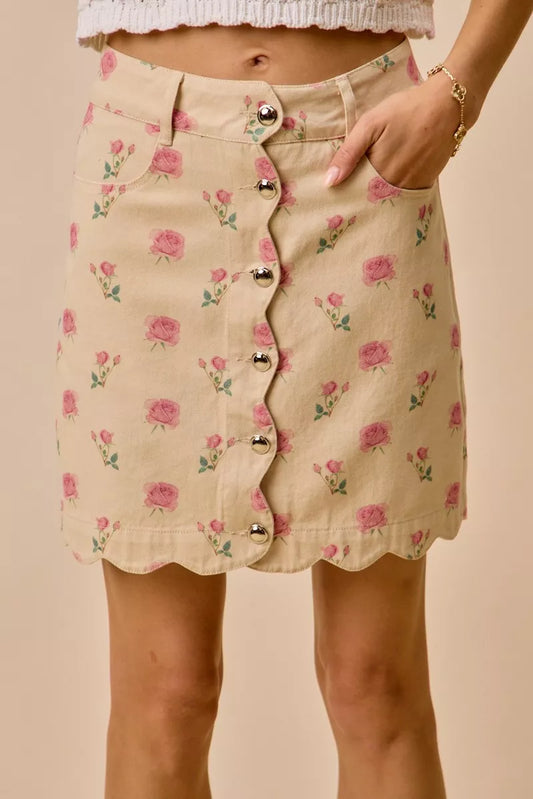 SO ME Floral Rose Print Cotton Twill Scallop Mini Skirt IVORY PINK