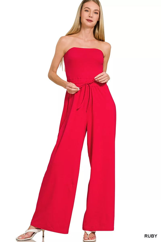 Zenana Tube Top Jumpsuit with Drawstring Waist RUBY