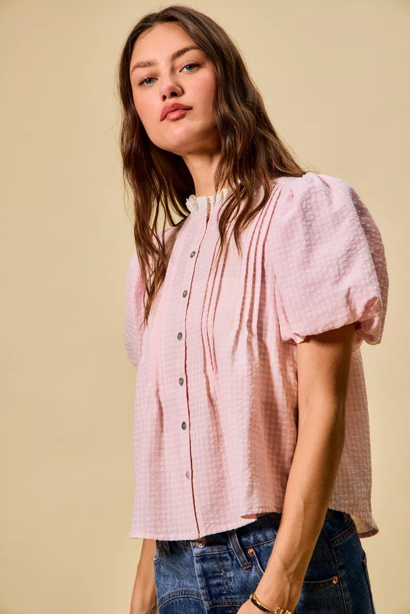 SO ME Gingham Lace Trim Button Bubble Sleeves Blouse