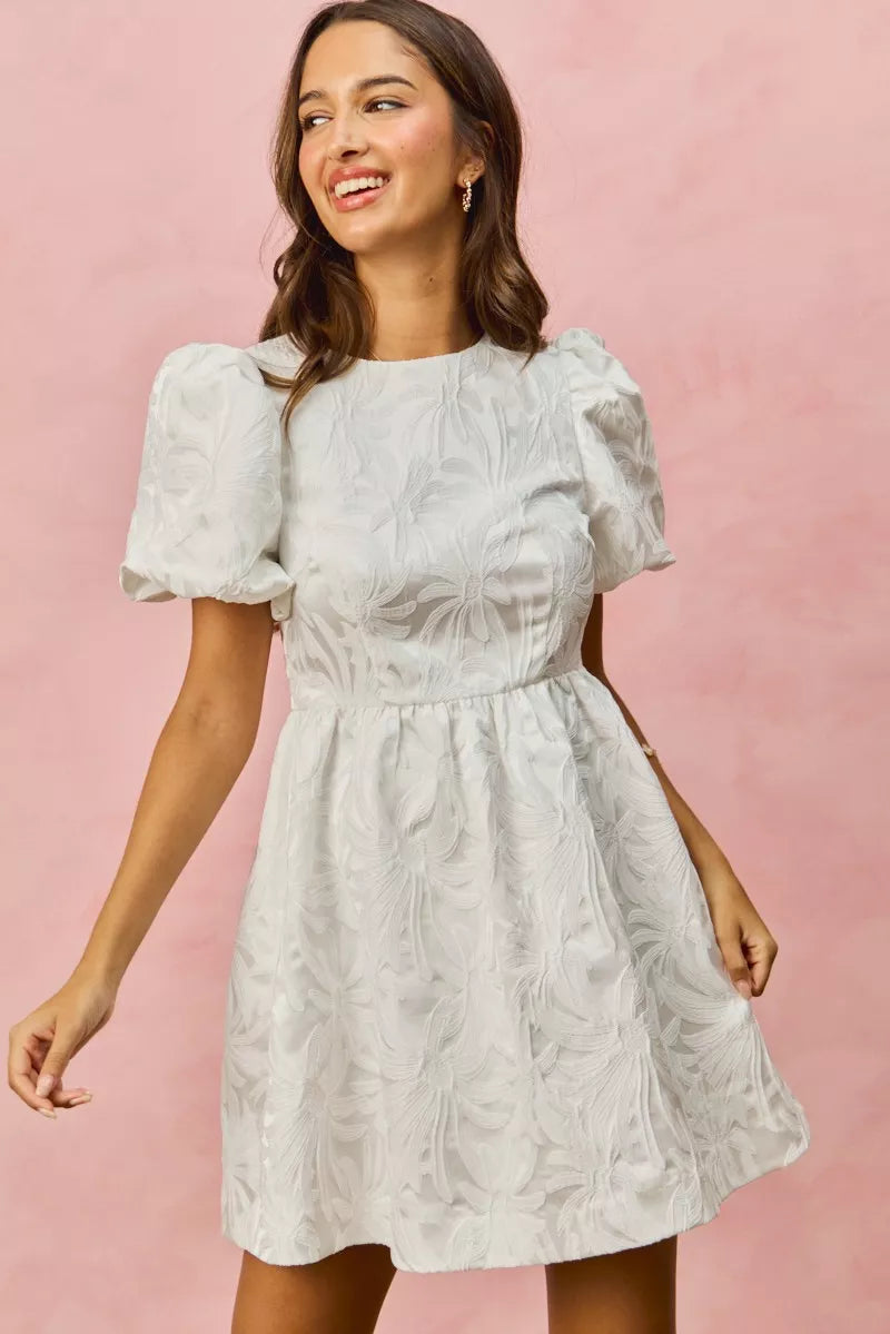 SO ME Floral Jacquard Bubble Shorts Sleeves Mini Dress