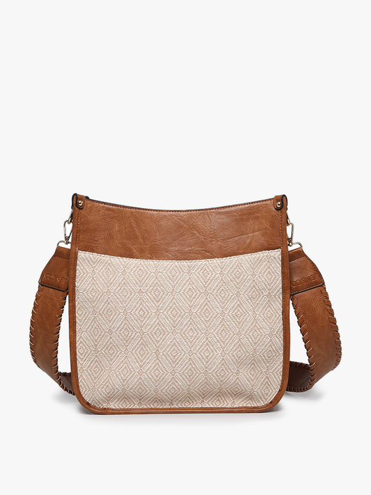 Brown and beige crossbody bag on a white background