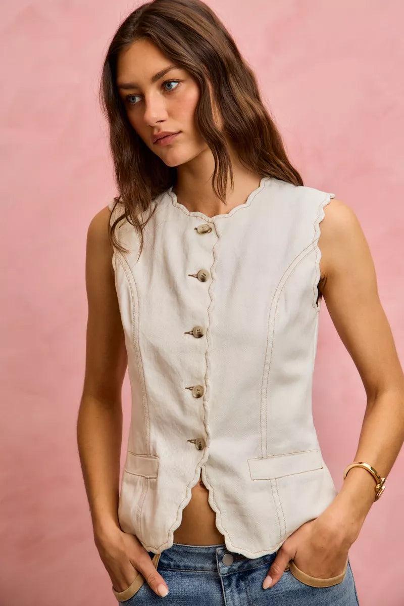 SO ME Scalloped Edge Cotton Twill Washed Vest Top