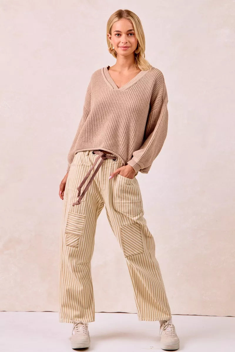 BiBi Drawstring Striped Twill Barrel Pants