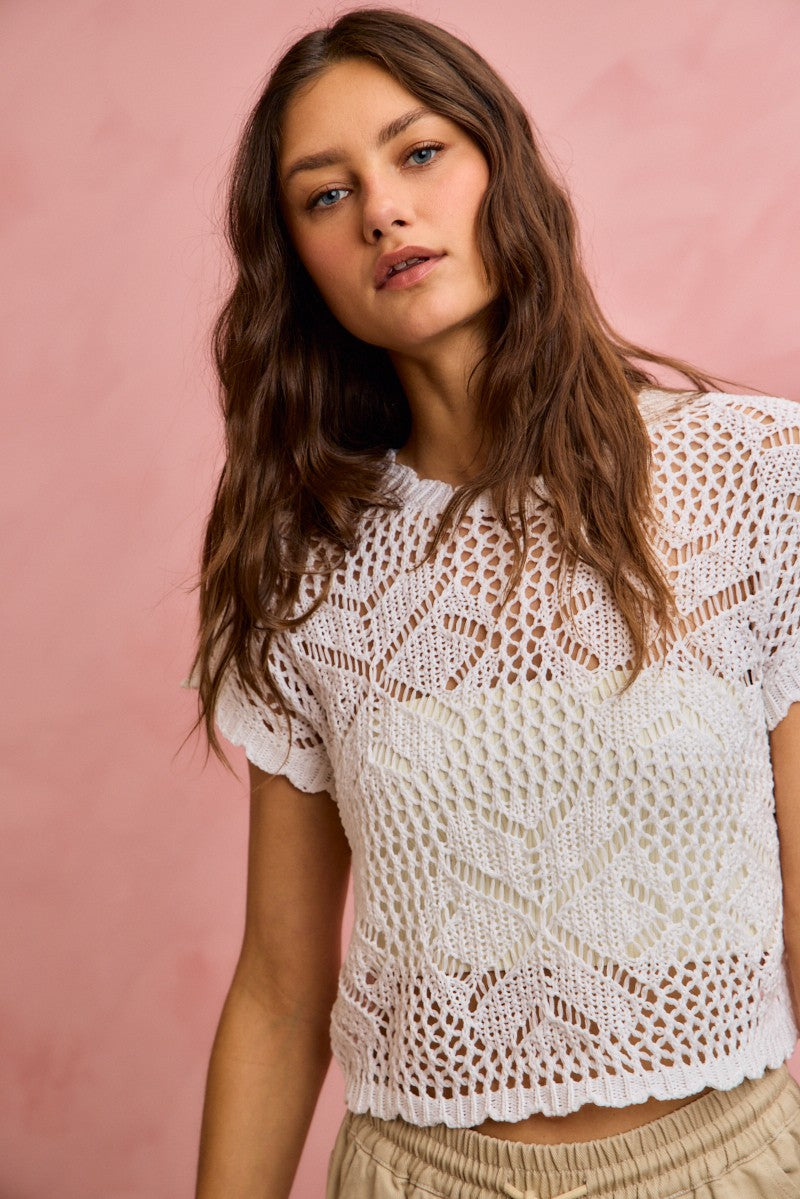 SO ME Crochet Scallop Edge Short Sleeves Knit Cover Up