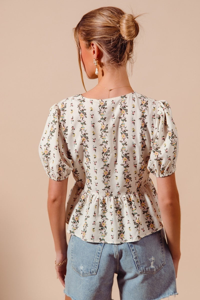 SO ME Floral Print Tie Front Shirred Hem Blouse