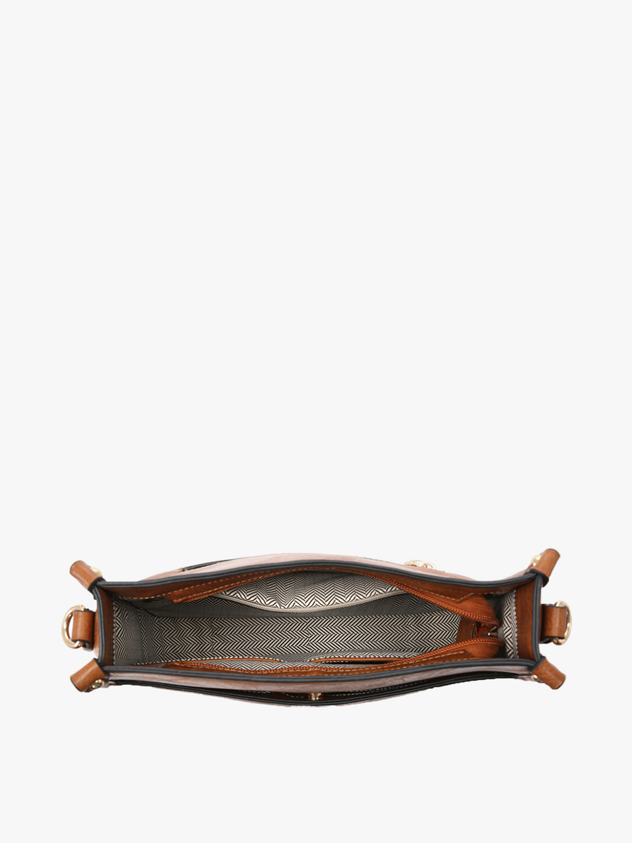 Back view of a brown leather handbag with gold accents on a white background