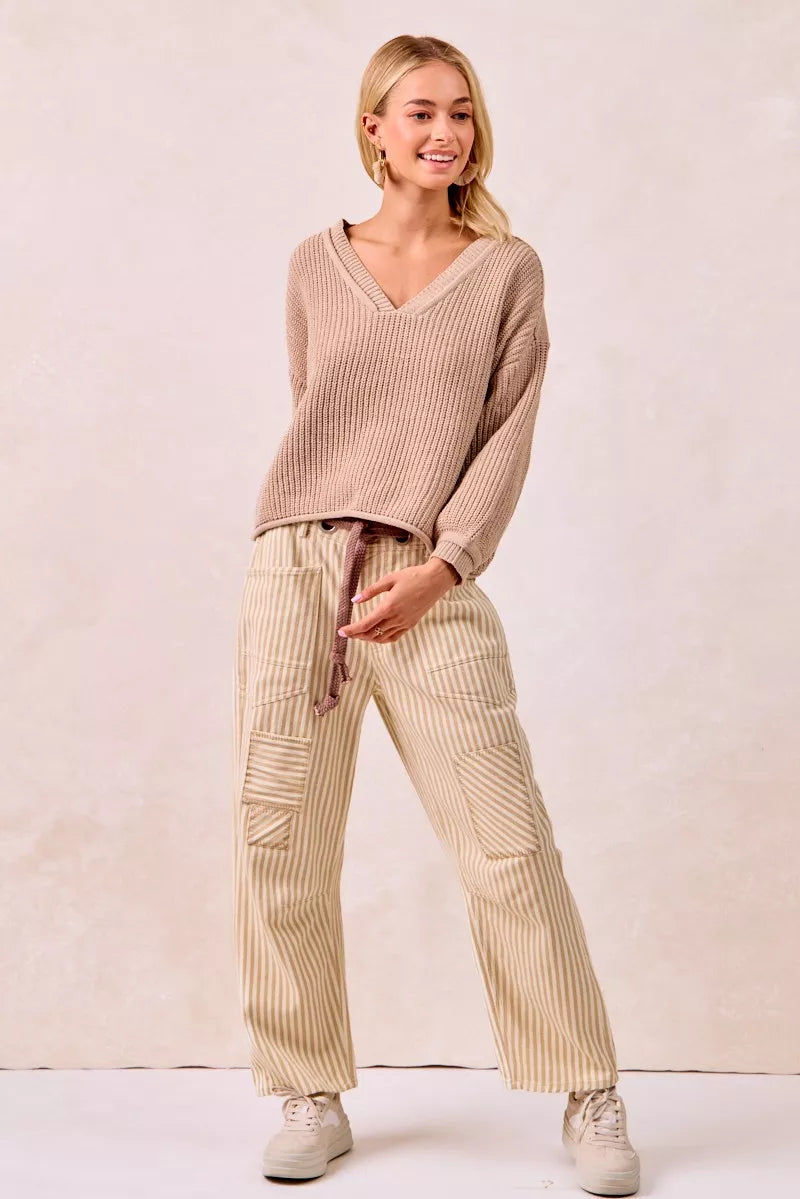 BiBi Drawstring Striped Twill Barrel Pants