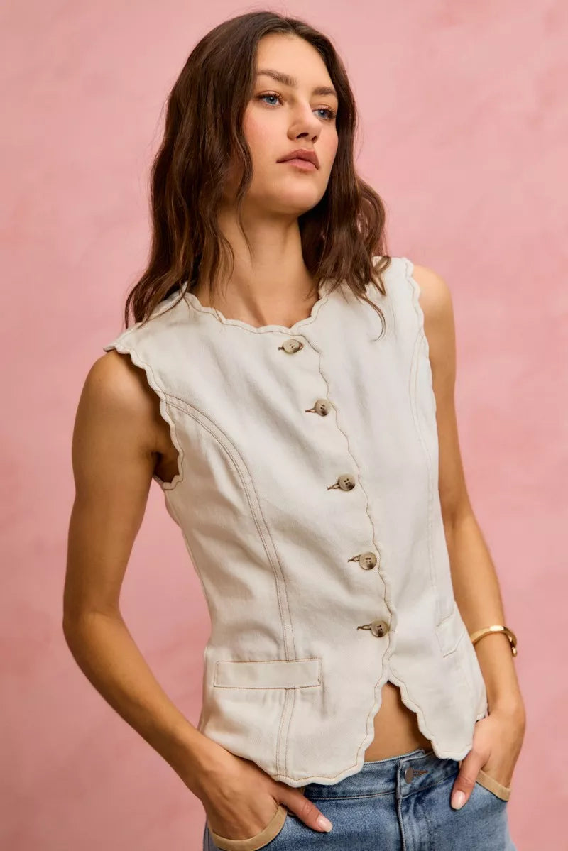 SO ME Scalloped Edge Cotton Twill Washed Vest Top