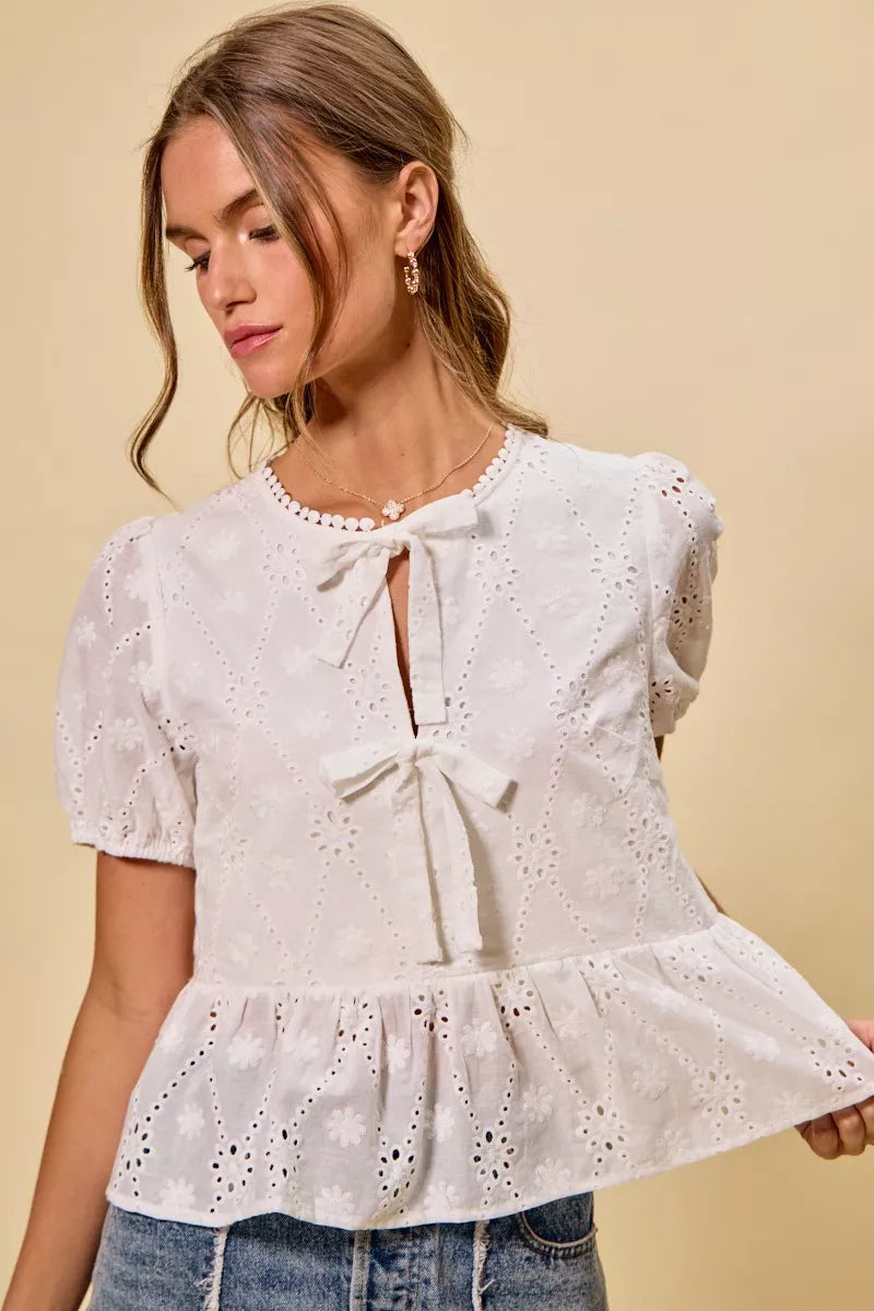 SO ME Cotton Eyelet Front Tie Short Sleeves Blouse WHITE