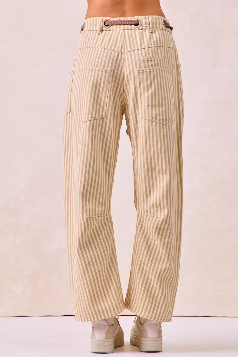 BiBi Drawstring Striped Twill Barrel Pants