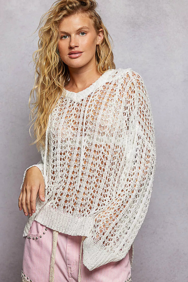 POL Openwork Round Neck High Low Knit Top OFF WHITE