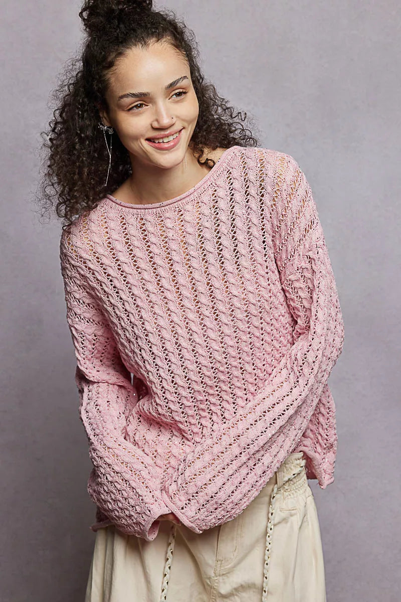 POL Openwork Round Neck Knit Top with Shiny Detail SOFT PINK