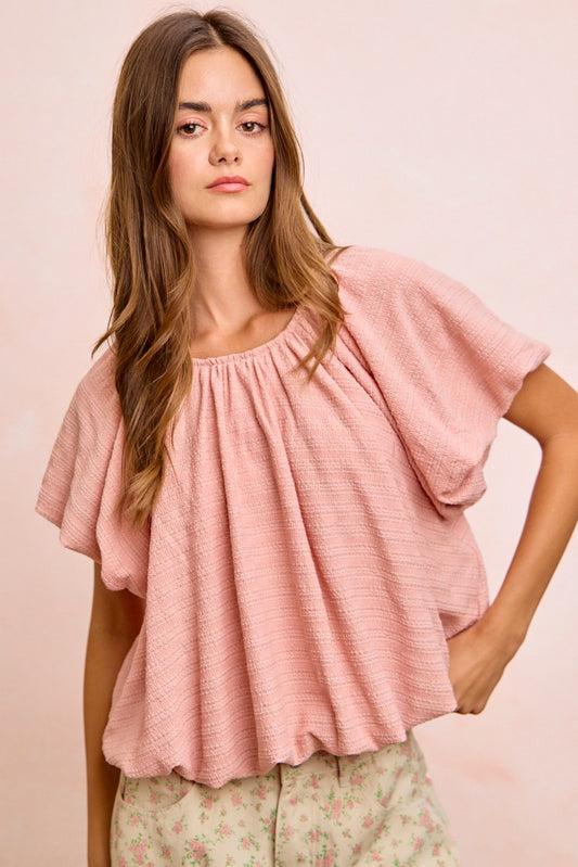 BiBi Stripes Textured Shirred Neckline Bubble Hem Top ROSE