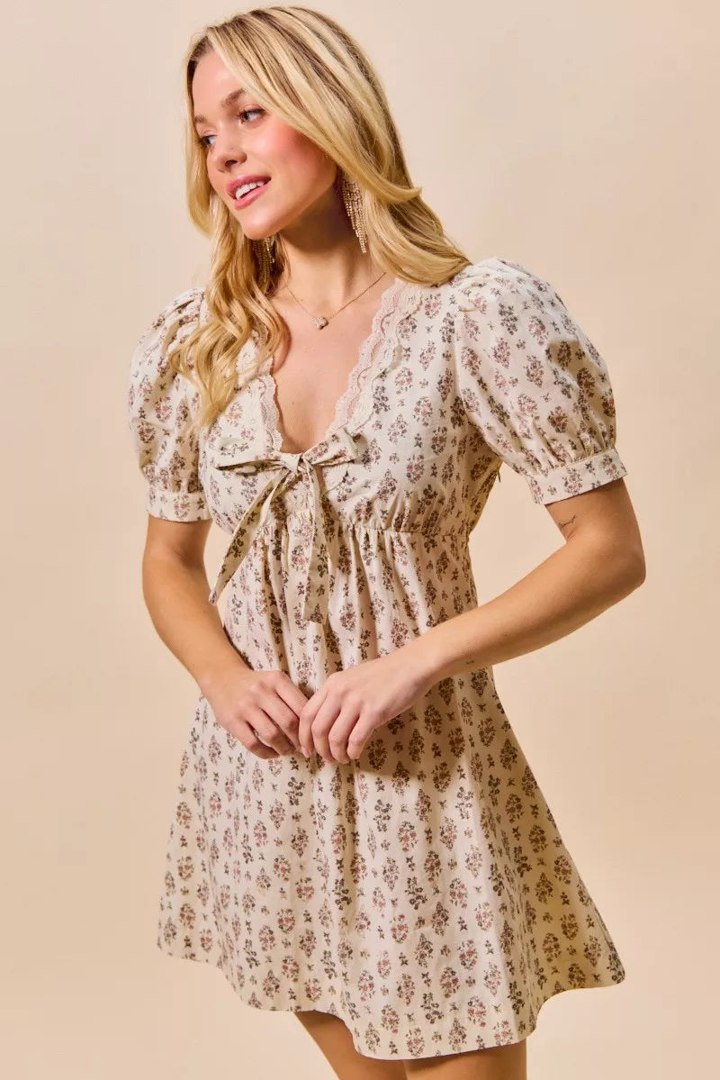 SO ME Floral Print Lace Trim Short Sleeves Mini Dress